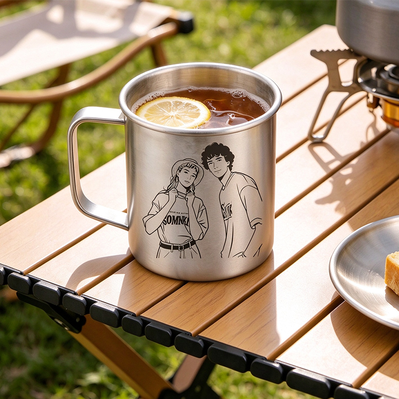Personalized Photo Sketch Portrait Titanium Camping Mug, Custom Line Art Couple Portrait Coffee Cup, Anniversary Gift Mug