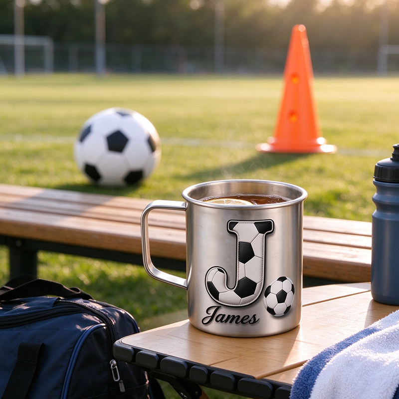 Personalized Soccer Initial Titanium Camping Mug, Custom Name Football Sports Coffee Cup, Gift for Soccer Fan