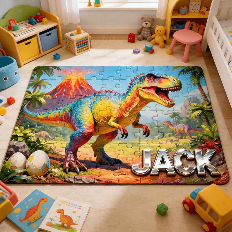 Personalized Cartoon Dinosaur Puzzle Rug Custom Name Gift for Kids Movie Lovers for Birthday Christmas Holiday Party Gift