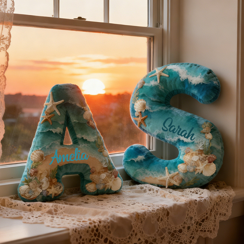 Personalized Seaglass Style Initial Pillow Custom Graphic 3D Print Ocean Style Letter Pillow 3D Graphic Print Home Decor Throw Pillow for Girl Friend Beach Keepsake Pillow