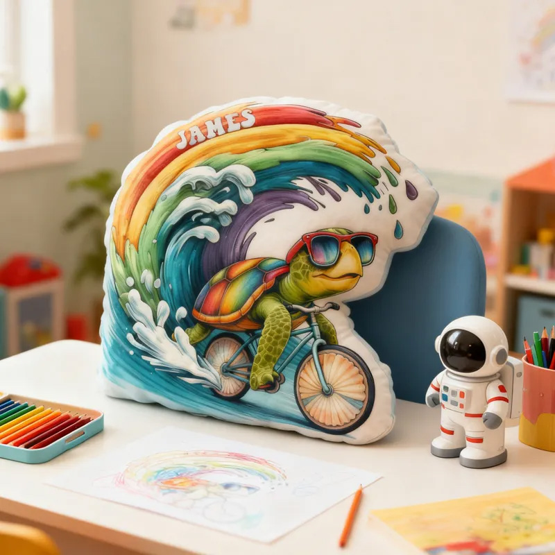 Personalized Sea ​​Turtle Rider Bike Pillow Cozy Graphic 3D Print Cool Racing Biker Rainbow Ocean Pillow Name Pillow Comfortable Travel Cushion for Kids Boys Riding Lovers