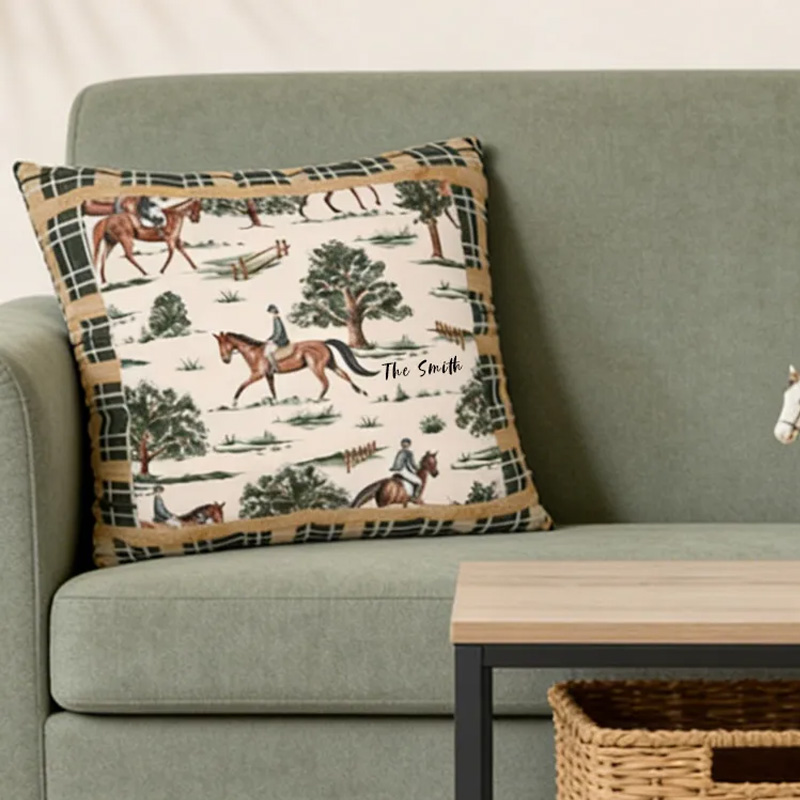 Personalized Equestrian Throw Pillow Equestrian Pillow Cover Plaid Horse Accent Pillow Farmhouse Decor for Riding Lovers Equestrian Lovers