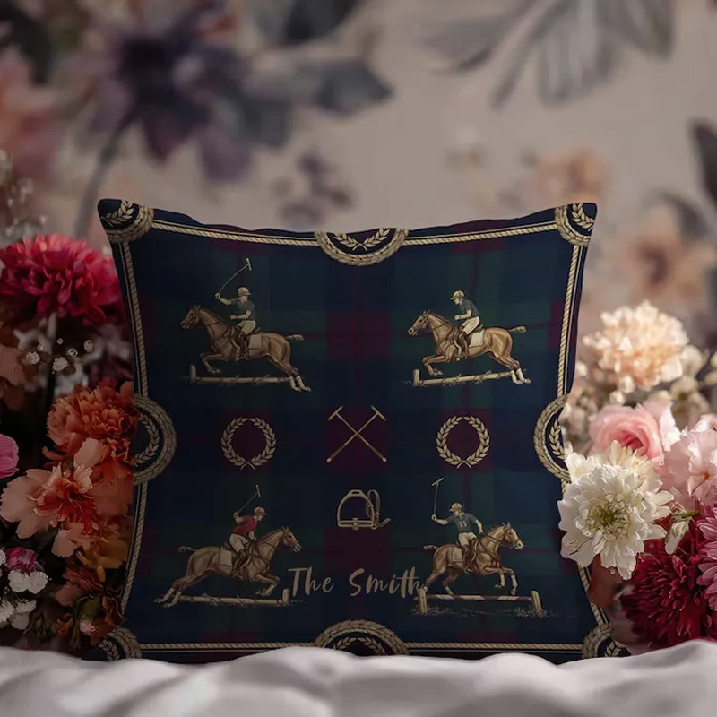 Personalized Equestrian Throw Pillow Polo Horse Pillow Case Tartan Design Pillow Jumping Horse Decor Sport Decor Pillow Covers Polo Gifts for Riding Lovers Equestrian Lovers