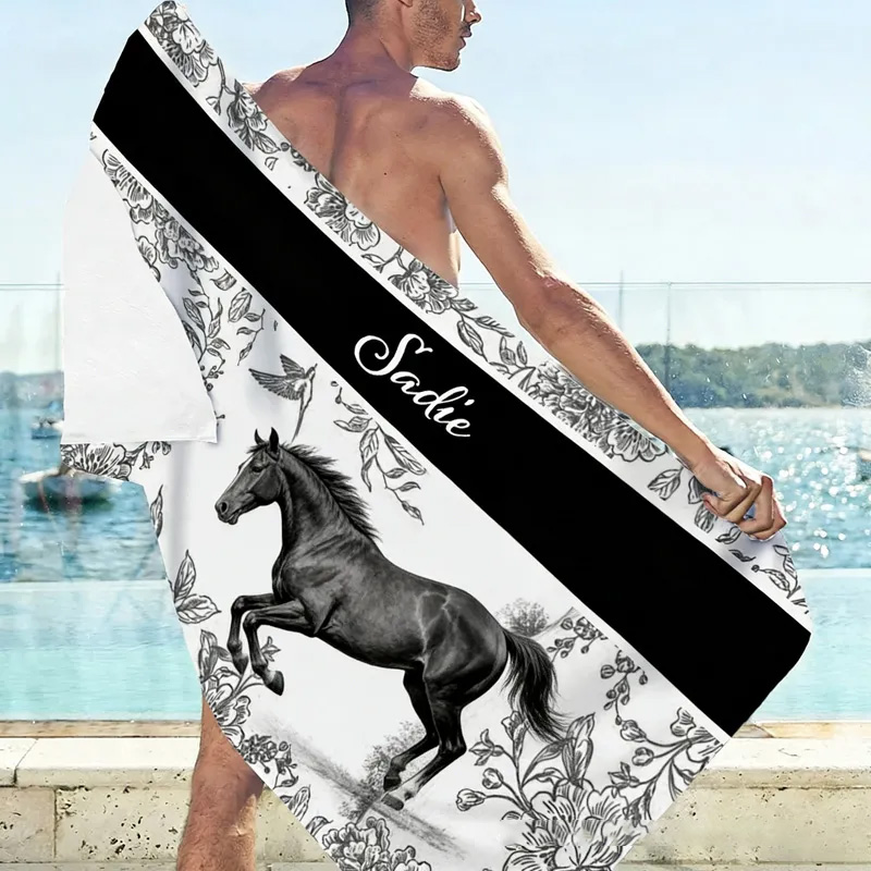 Personalized Toile De Jouy Pattern  Equestrian Floral Horse Quick-Dry Microfiber Beach Towel Quick Dry Soft Oversized Beach Towel with Name Summer Vacation Beach Party Birthday Gift for Riding Lovers Equestrian Lovers