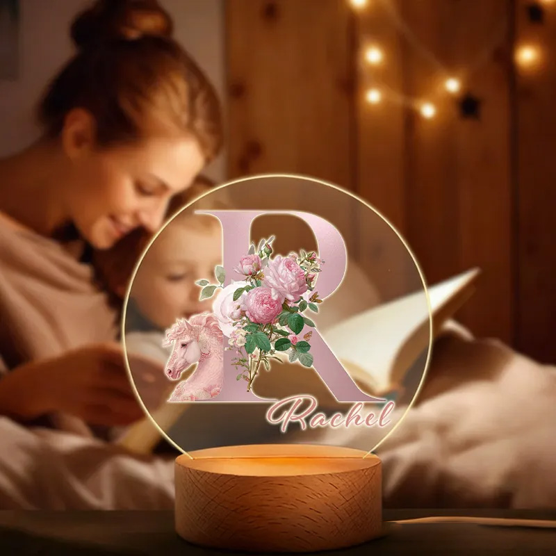 Personalized Fantasy Horse Riding Initial Name LED Night Light with Wooden Base Room Decor Baby Shower Birthday Gift for Kid New Mom Riding Lovers Equestrian Lovers