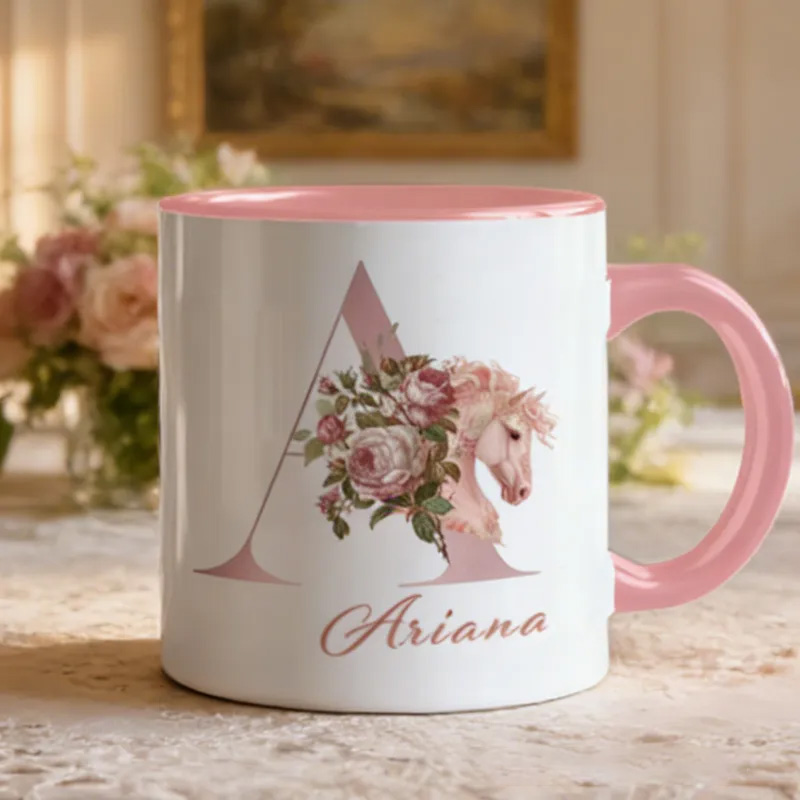 Personalized Initials 26 Letter Equestrian Mug Pink Flowers Horse Coffee Gift for Riding Lovers Equestrian Lovers