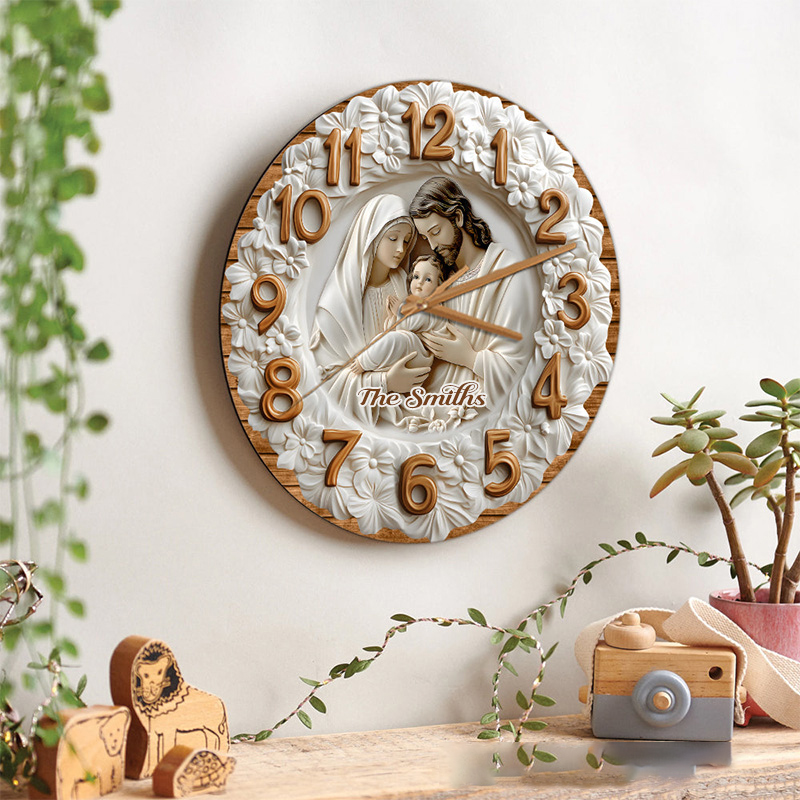 Personalized the Holy Family Wall Clock with Custom Family Name Graphic 3D Printed Wall Clock Home Decor Religious Gift for Christians