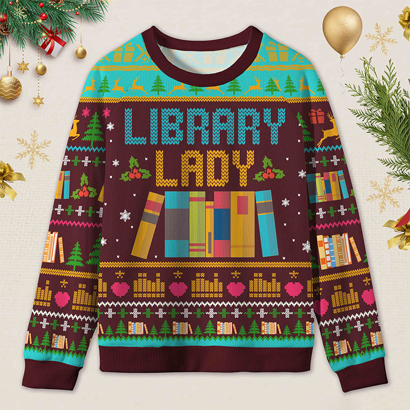 Personalized Library Themed Ugly Sweater Holiday Gift for Librarians