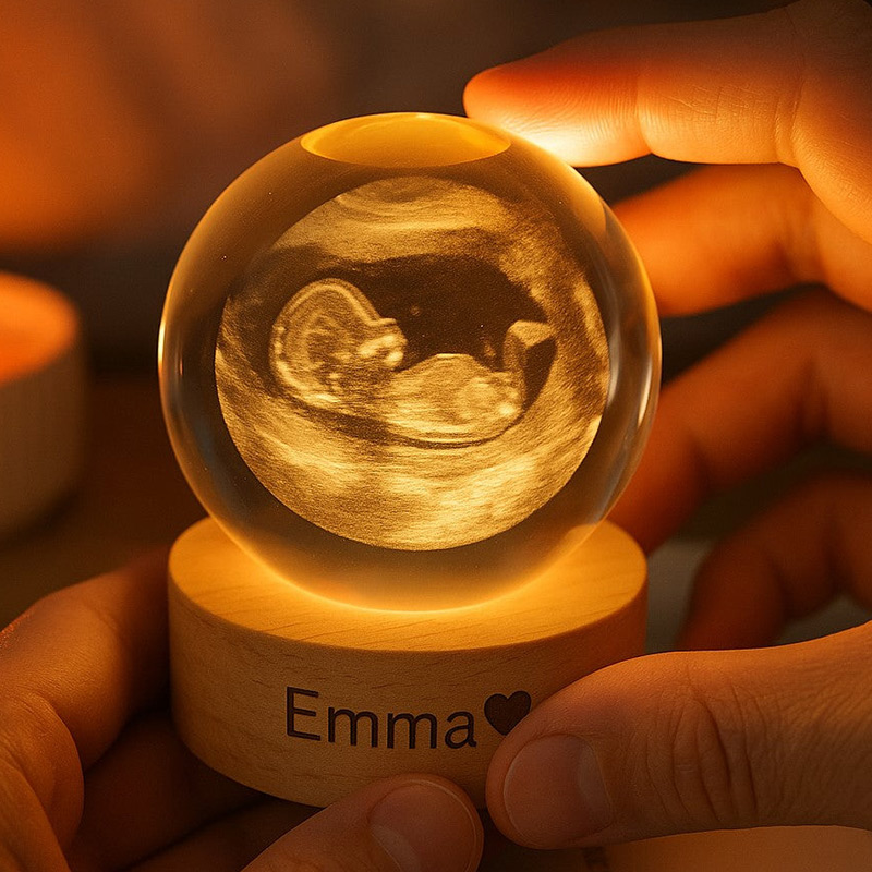 Personalized Crystal Ball Night Light Custom 2D Photo Ultrasound Picture Frames Luminous Wooden Base