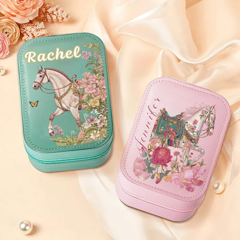 Personalized Horse Riding Initial Name PU Leather Jewelry Box with LED Three color Makeup Mirror Travel Essential Birthday Gift for Women for Girls for Horse Lovers Riding Lovers Equestrian Lovers