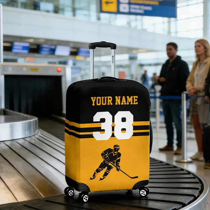 Personalized Hockey Luggage Cover with Custom Name Number and Colors for traveling and Hockey Lovers