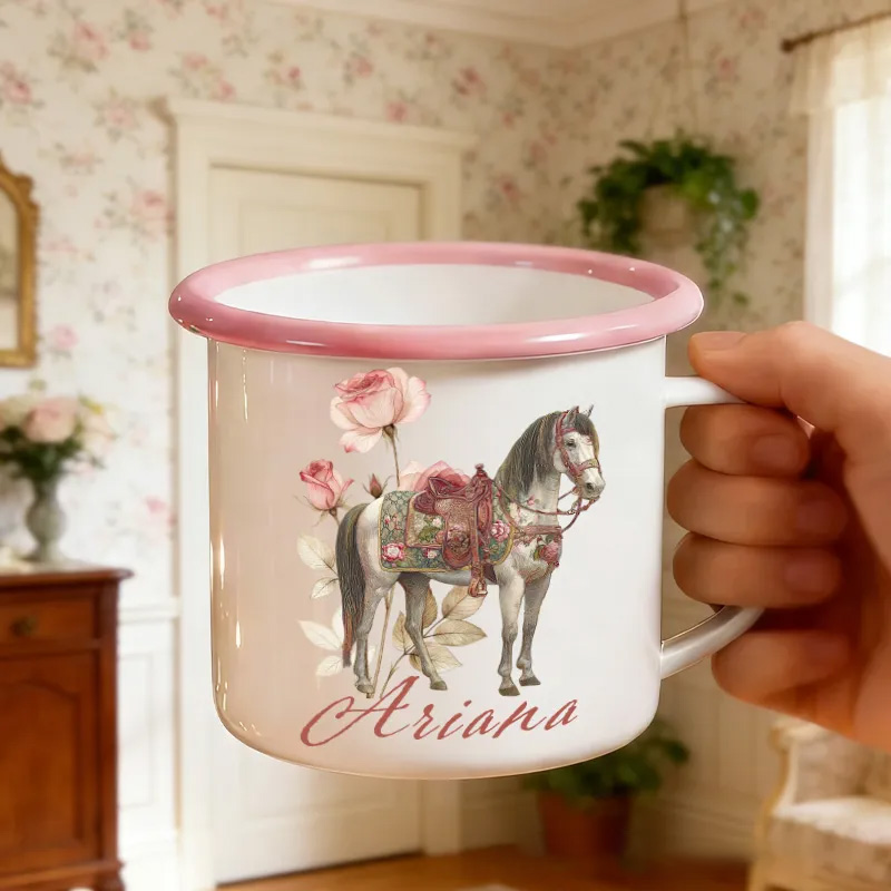 Personalized Floral Horse Equestrian Enamel Mug Watercolor Flower Insulated Travel Coffee Cup with Name Birthday Christmas Gift for Kids Girls Rider Horse Gift Riding Equestrian Lovers