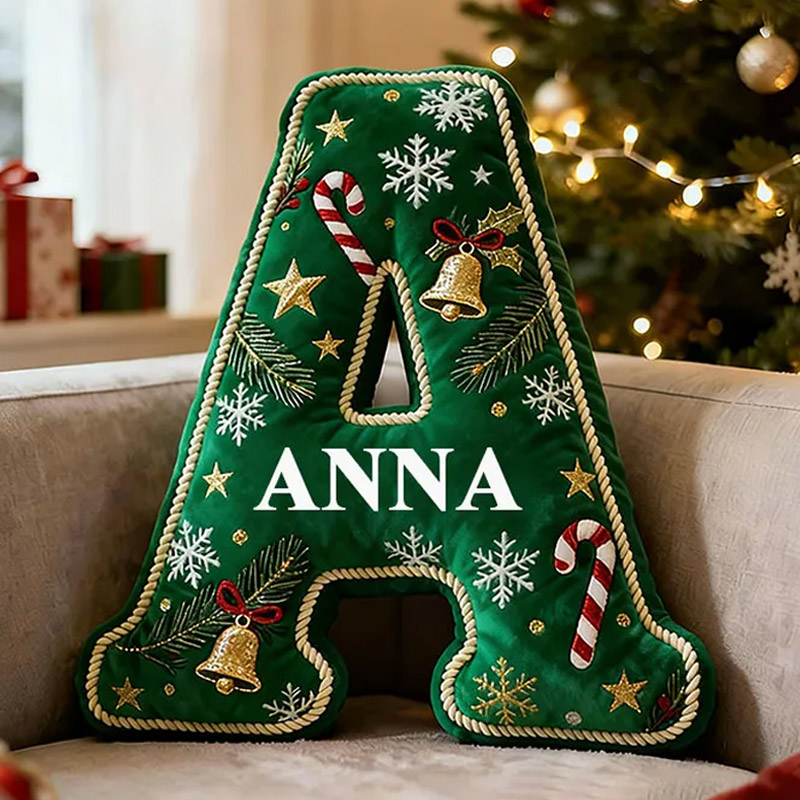 Personalized Christmas Letter Pillow Green Festive Holiday Decor Candy Cane and Bell Graphic 3D Print Custom Cushion for Living Room Soft Decorative