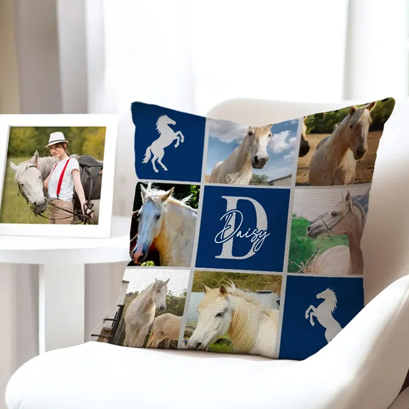 Personalized Nine Square Grid Photo Horseshoe Soft Throw Pillow Cover with Name and Initial Home Decor Equestrian Game Day Gift for Horse Lovers