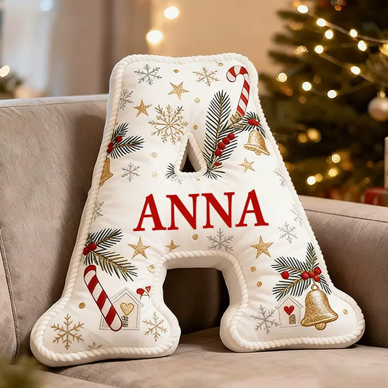 Personalized Christmas Initial Pillow Graphic 3D Print Custom Name Pillow Festive Holiday Decor Cozy Home Accent Soft Cushion Gift for Family and Kids 