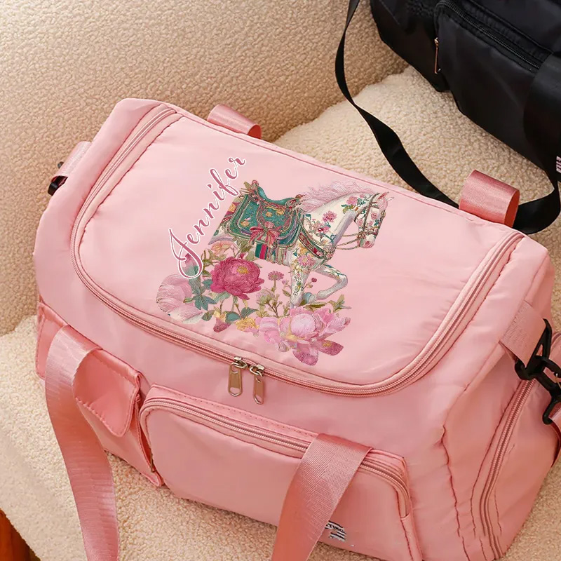 Personalized Horse Riding Duffle Bag Waterproof Equestrian Multi Compartment Travel Bag with Name and Shoulder Strap Travel Accessories Birthday Gift for Women Girls Overnight Bag Gift for Horse Lovers Riding Lovers Equestrian Lovers