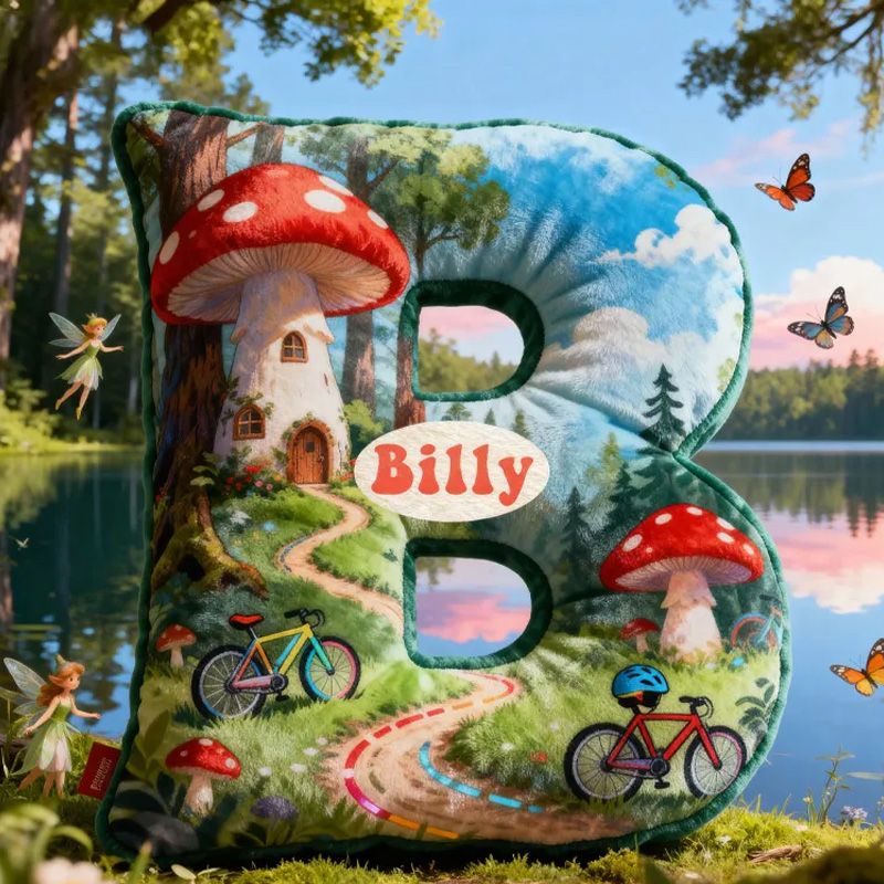 Personalized Forest Mushroom Bicycle Adventure Letter Pillow Custom Name Festive Decor with Bicycle Adventure Gifts for Family Graphic 3D Print Cycling Riding Lovers