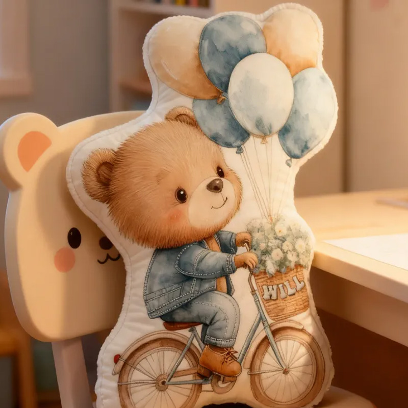 Personalized Teddy Riding Pillow Cozy Lovely Graphic 3D Print Bicycle Throw Pillow Name Pillow Comfortable Balloon Travel Cushion for Kids Girls Riding Lovers
