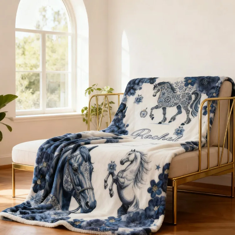 Personalized Riding Blanket Equestrian Horse Custom Name Blue And White Porcelain Decor with French Countryside Gifts Family Blanket for Riding Lovers Equestrian Lovers