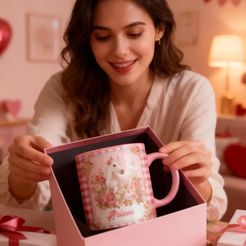 Personalized Valentines Equestrian Mug Love You Pink Gingham Flowers Valentines Day Gift for Riding Lovers Equestrian Lovers