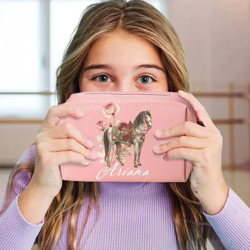 Personalized Horse Makeup Tool Organizer Toiletry Bag Custom Name for Kids Travel Gifts and Daily Use Weekender Back To School Gift for Girls Riding Lovers Equestrian Lovers