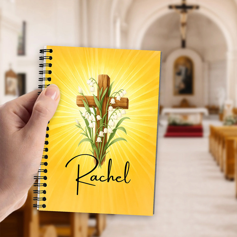 Personalized Cross Birth Flower Spiral Journal Notebook with Name Back to School Birthday Gift for Christian Student