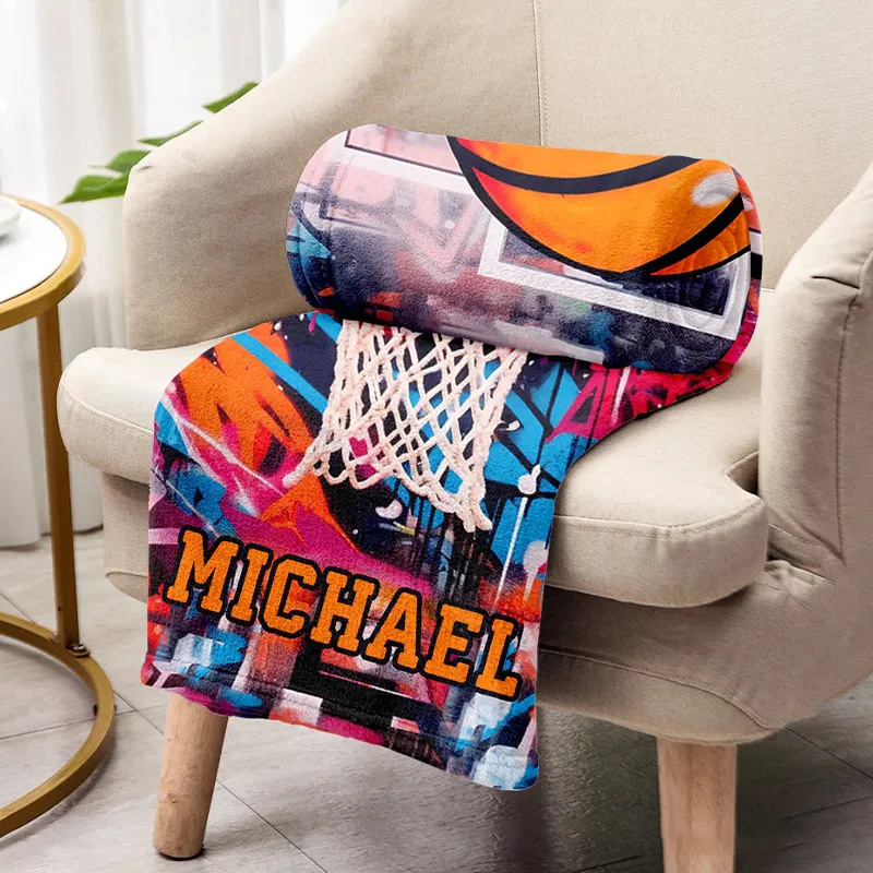 Personalized Basketball Blanket with Custom Name and Graffiti Design for Basketball Enthusiasts