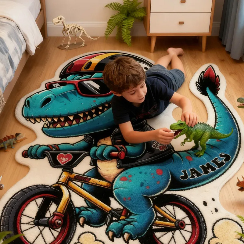 Personalized Dino Rider Graphic Rug Doormat Kids Cycling Dinosaur Rug Doormat Children's Bedroom Playroom Rug Gifts for Kids Riding Lovers