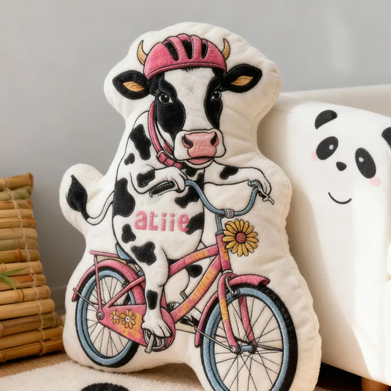 Personalized Cow Rider Bike Pillow Cozy Graphic 3D Print Funny Princess Pillow Name Pillow Comfortable Travel Cushion for Kids Girls Riding Lovers