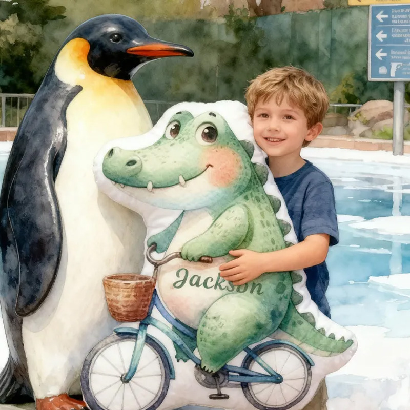 Personalized Crocodile Bike Pillow Cozy Graphic 3D Print Bow Pillow Name Pillow Comfortable Travel Cushion for Kids Riding Lovers