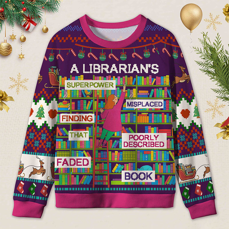 Personalized Librarian Superpowers Funny Ugly Sweater Office Holiday Party Gift for librarian