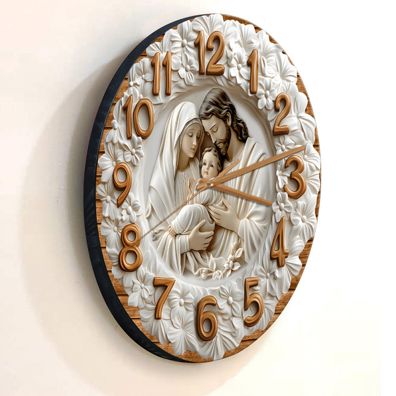 Personalized the Holy Family Wall Clock with Custom Family Name Graphic 3D Printed Wall Clock Home Decor Religious Gift for Christians