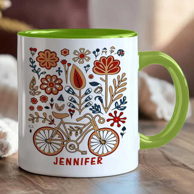 Personalized Flower Bicycle Mug Mountain Bike Gifts Colourful Mug for Biker Friend Birthday for Him or Her for Biker Cycling Riding Lovers