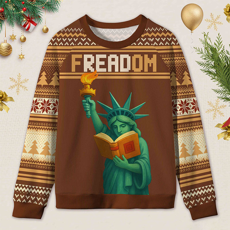 Personalized Reading Freedom Statue Fun Ugly Sweater Holiday Gift for Book Lovers