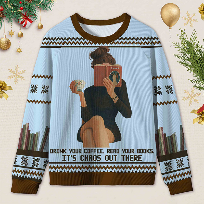 Personalized Bookish Barista Tranquil Reading Ugly Sweater Holiday Gift for Book Lovers