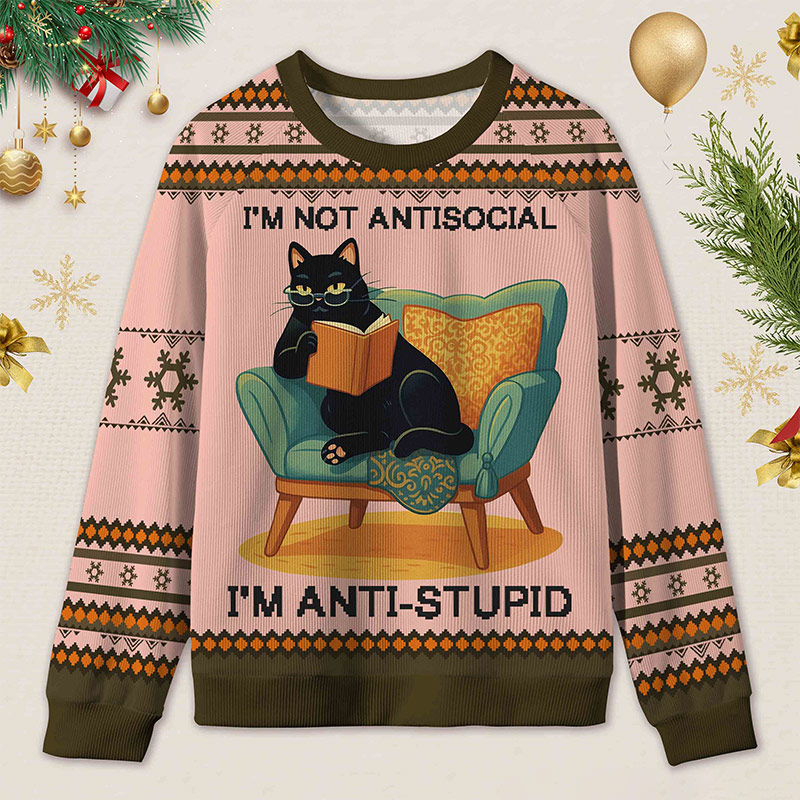 Personalized Wise Bookish Cat Reading Ugly Sweater Holiday Gift for Book Lovers