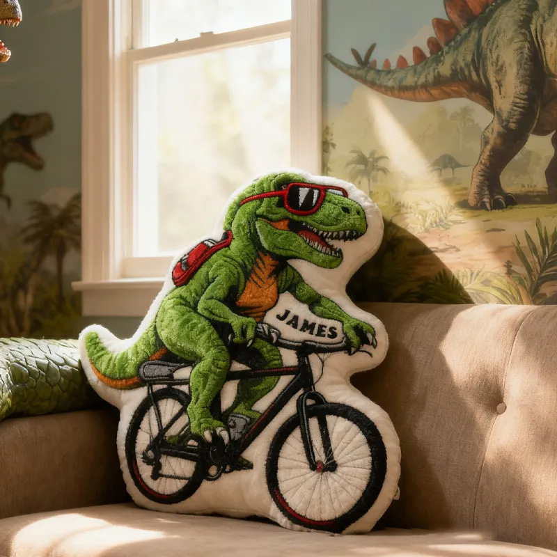 Personalized Dino Rider Bike Pillow Cozy Graphic 3D Print Cool Racing Biker Dino Pillow Name Pillow Comfortable Travel Cushion for Kids Boys Riding Lovers