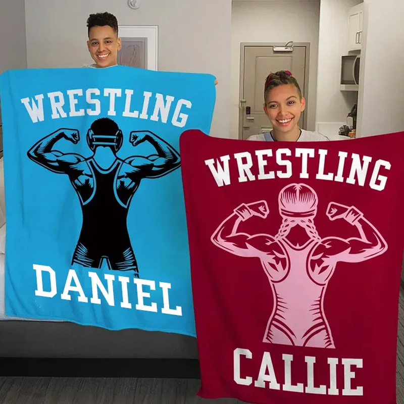 Personalized Multicolor Wrestling Silhouettes Soft Throw Blanket with Name and Text Housewarming Game Anniversary Gift for Wrestling Gym Lover