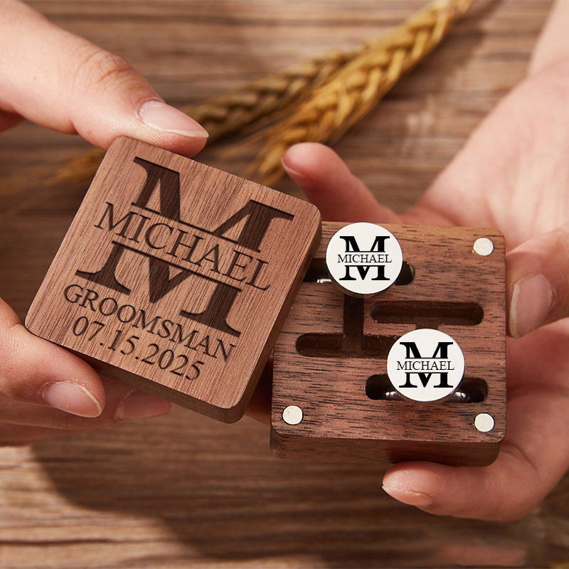 Personalized Wooden Cufflink Box Set Groomsmen Wedding Party Cufflinks Box with Cufflink Best Man Proposal Gift Cufflinks Bachelor Favors Gift