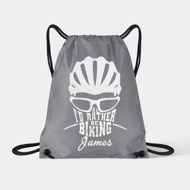 Personalized Drawstring Bag about Id Rather Be Biking Sports Backpack Bags Biker Typography Graphic Eco Friendly Tote Bag Bike Enthusiast Gift