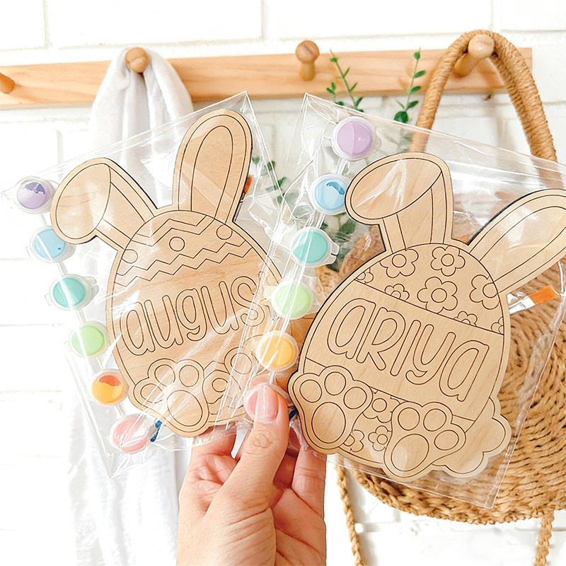 Personalized Easter Bunny Color Kit Custom Name Wooden Easter Egg Kids DIY Paint Set Easter Basket Stuffer Gift for Kids Toddler Craft Wood Bunny Craft