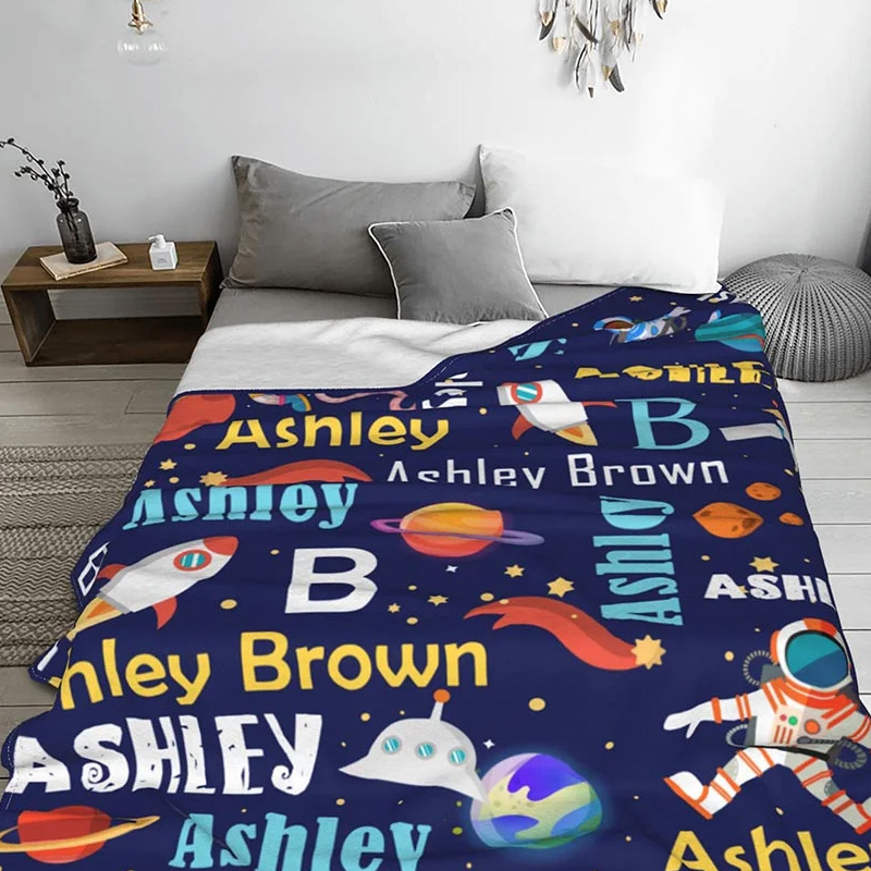 Personalized Space Theme Astronaut Rocket Fleece Soft Blanket with Name Birthday Gift for Kid Geek Lovers