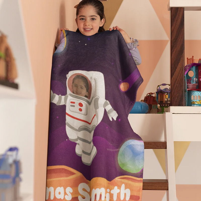 Personalized Planet Galaxy Fleece Blanket with Astronaut Avatar Universe Theme Home Decoration Birthday Gift for Kids Space Fans for Geek Lovers