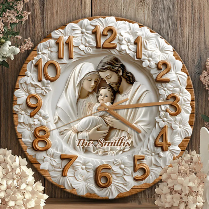 Personalized the Holy Family Wall Clock with Custom Family Name Graphic 3D Printed Wall Clock Home Decor Religious Gift for Christians