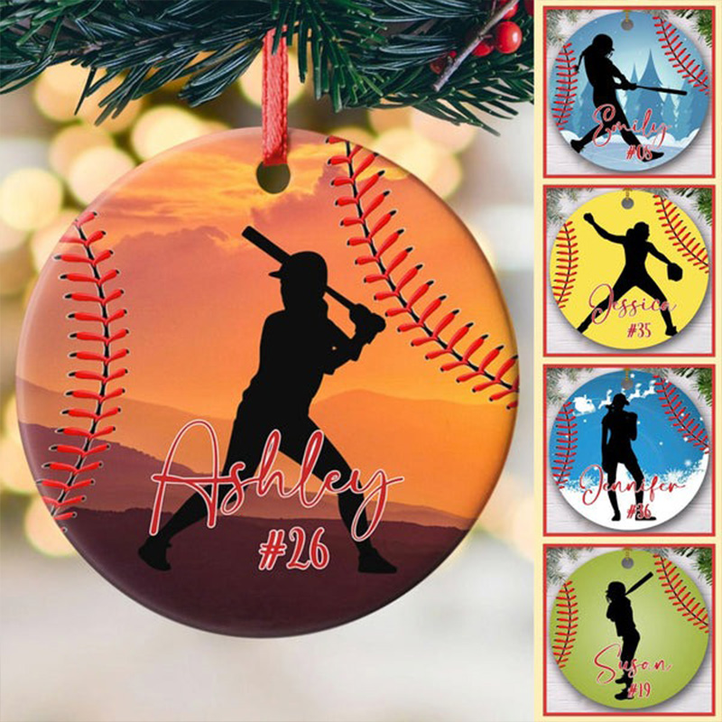 Personalized Baseball Softball Christmas Ornament with Custom Name and Number Design