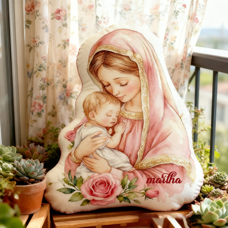 Personalized Virgin Mary Throw Pillow with Birthflower and Name Home Decor Religious Pillow Catholic Gift Faith Gift Beautiful Pillow