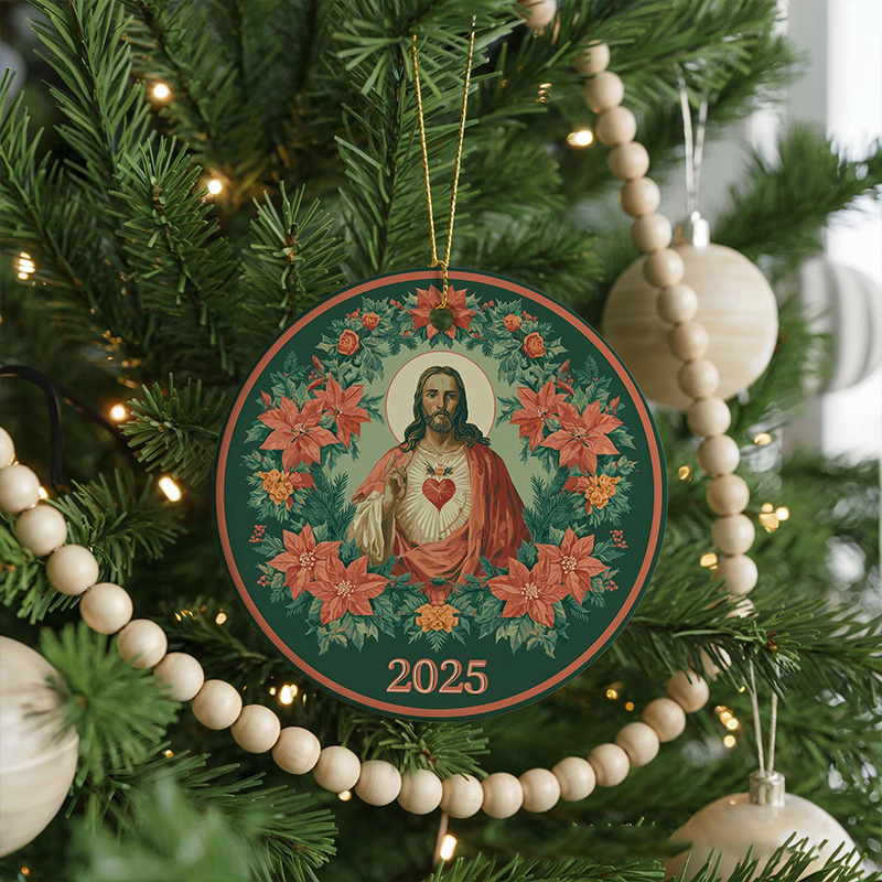 Personalized Sacred Heart of Jesus Ceramic Ornament with Year Religious Gift Christmas Home Decor Catholic Gift