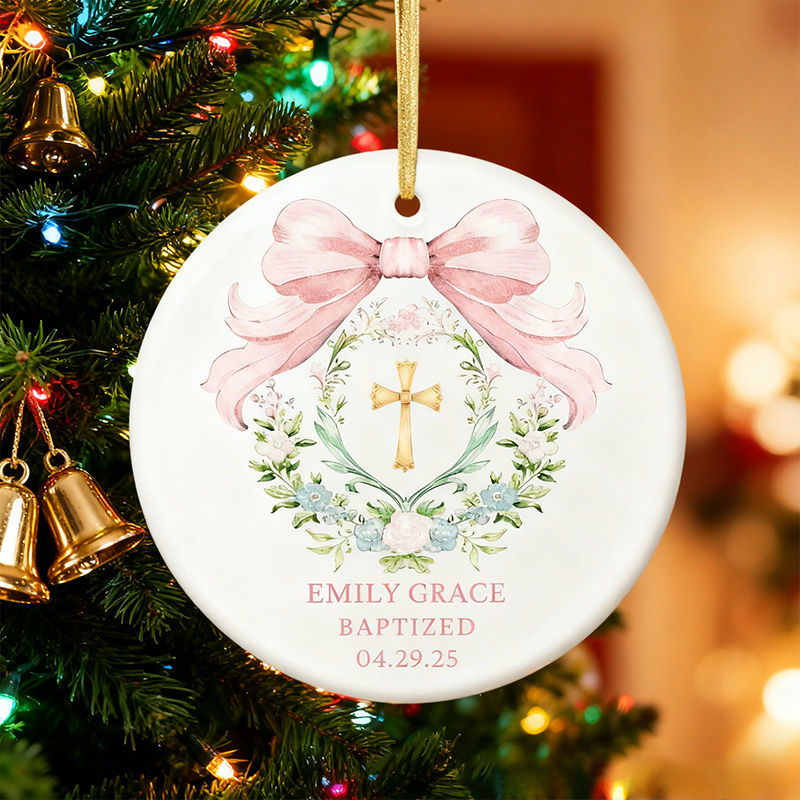 Personalized Cross Bow Ceramic Ornament with Name and Text Religious Gift Baptism Ornament Home Decor for Girls