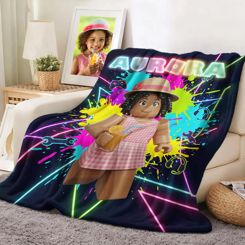 Personalized Neon Game Theme 3D Cube Style Photo Splatter Paint Soft Throw Blanket with Name Gaming Room Decor Birthday Gift for Gamer Kid