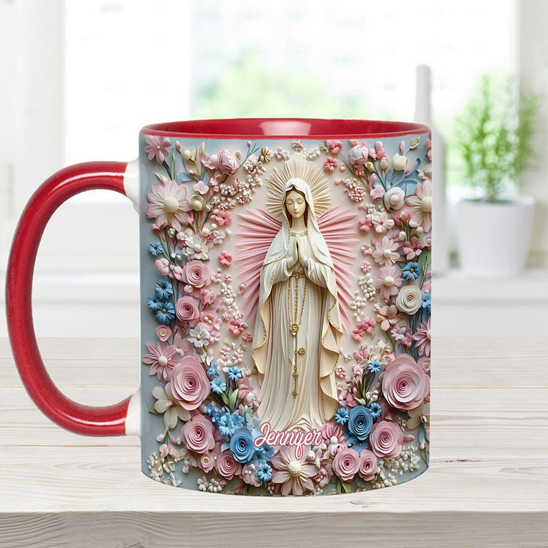 Personalized Floral Serenity of Mary Ceramic Mug with Name Religious Inspirational Gift Catholic Gift for Women